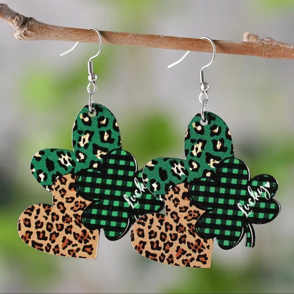 St Patrick’s Day Dangle Earrings Animal Print Shamrock Heart
